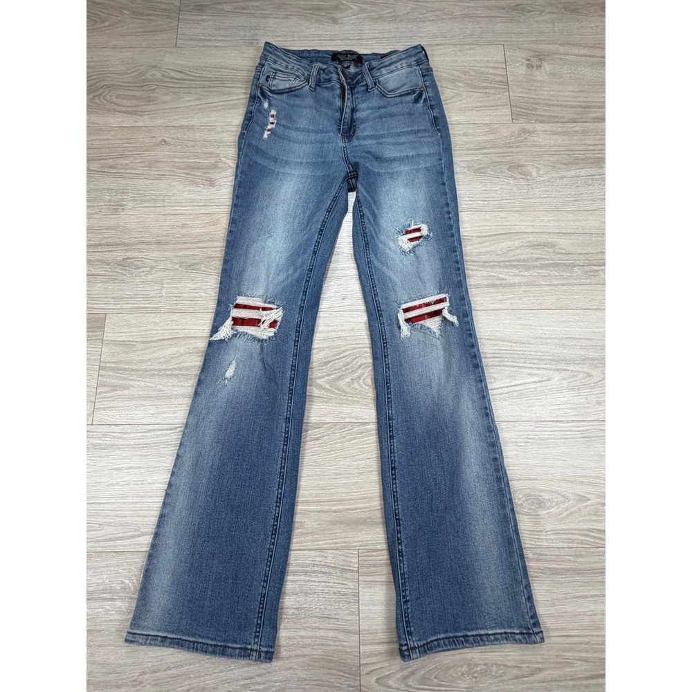 Judy Blue Medium Blue Boot Cut Jeans with Red Patch Distressing